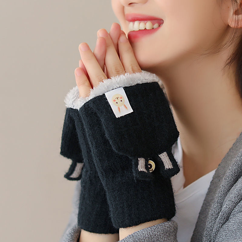 新品翻厚手套女男冬季保暖可爱韩版学生加盖棉加绒字线写毛半露指