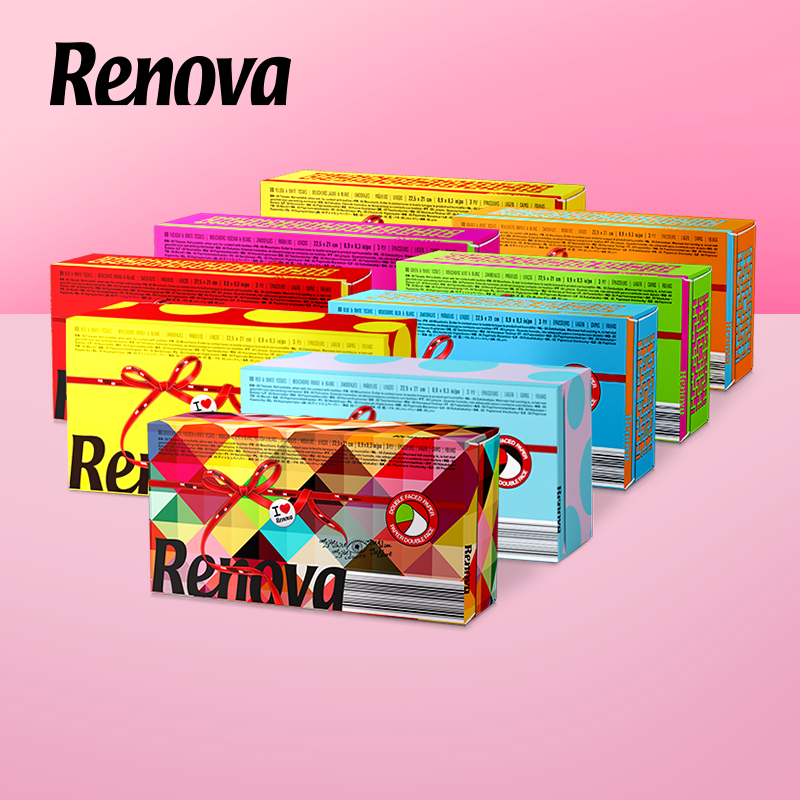 Renova进口彩色纸巾抽纸红色绿色黄色粉色手纸面巾纸硬盒装餐巾纸