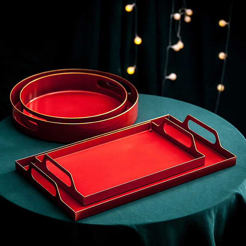 轻奢中式客厅复古红色收纳盘创意水杯托盘客厅茶几摆件装饰家用