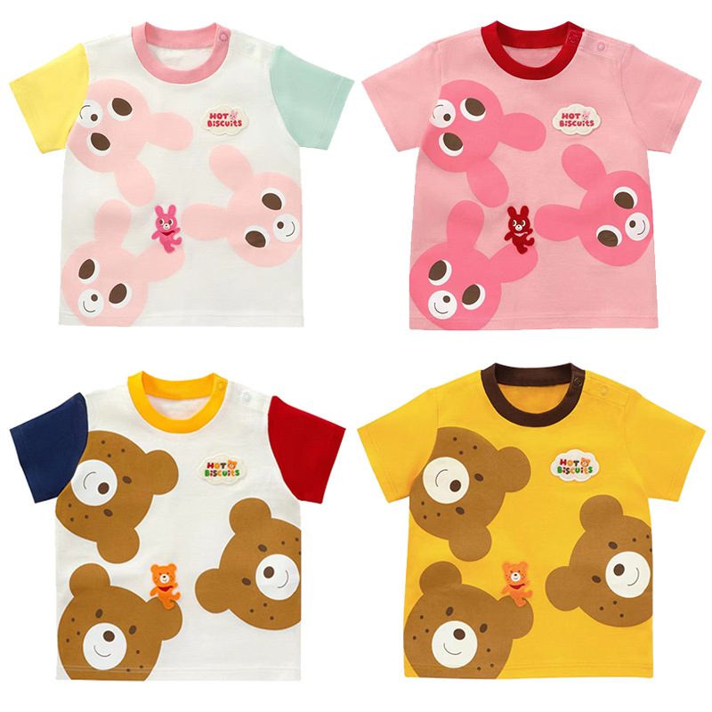 现货miki童装 夏季新款男女儿童卡通麻子熊熊印花短袖t恤拼色上衣