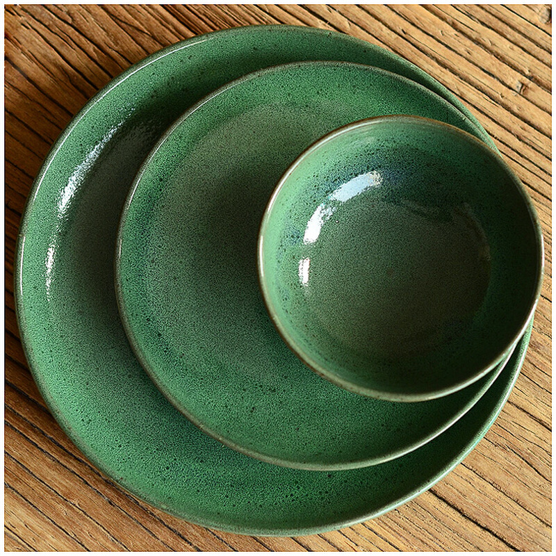 江南生活橄榄绿复古粗陶做旧餐具三件套盘子汤碗牛排西餐餐具餐盘