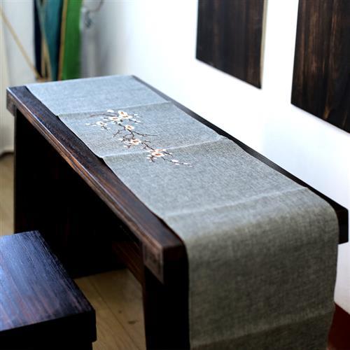 禅意素色亚麻梅花款中式古琴桌旗桌布茶道布茶几巾