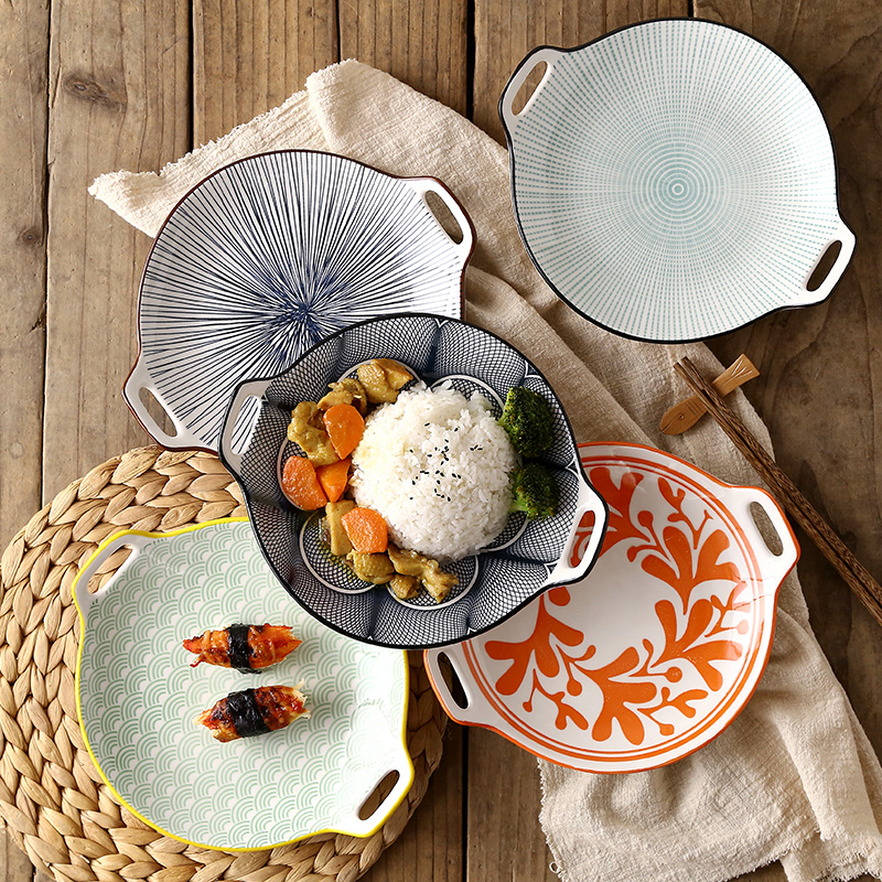 日式双耳陶瓷鼓形创意家用菜碟寿司盘子 圆形釉下彩简约餐具精品