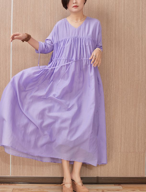 时光之颜 原创春夏丝棉淡紫抽褶系带宽松大摆连衣裙《觅香》