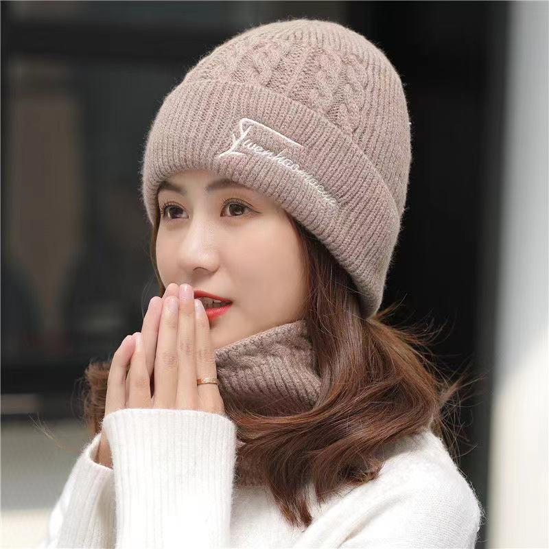 2022爆款帽子女冬季韩版青年加绒加厚毛线帽护耳围脖套针织帽2023