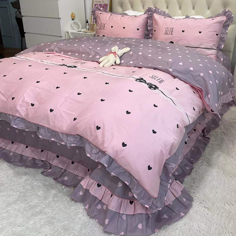 轻奢高级全棉纯棉100四件套新款紫色床单公主风网红粉色床上用品