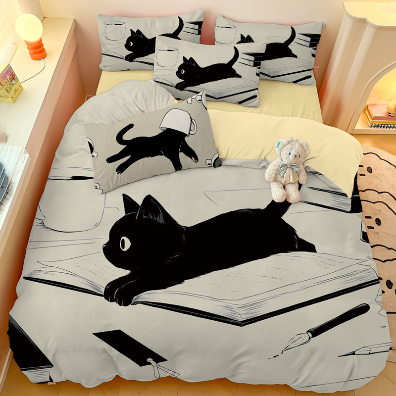 床上用品全棉四件套卡通可爱猫咪家用学生宿舍被套床单儿童三件套