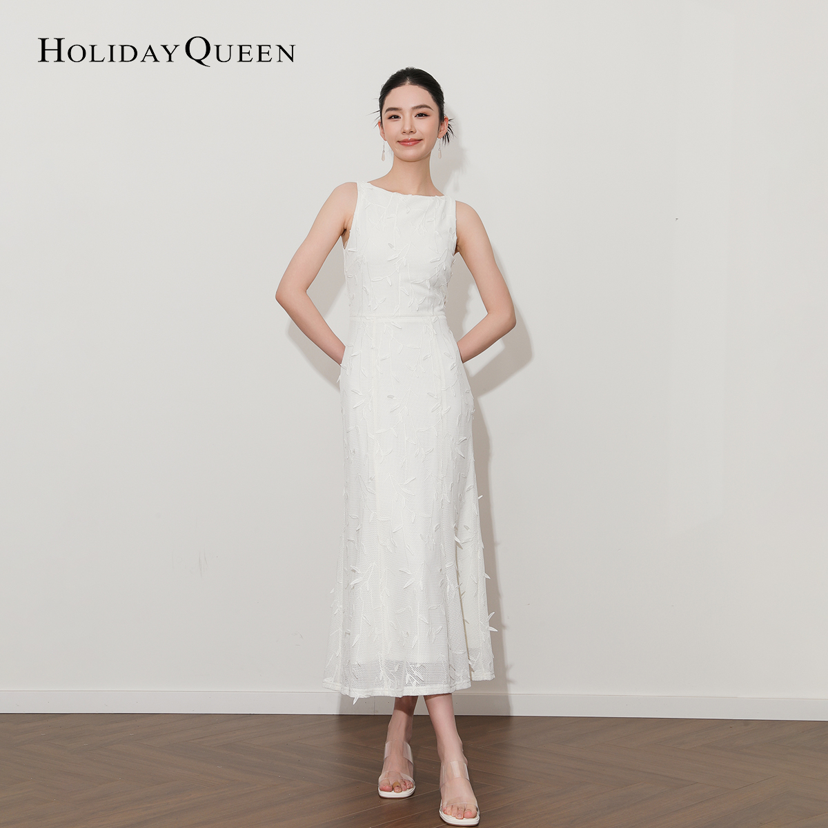 HolidayQueen2024新款新中式连衣裙提花设计感花朵白色长裙裙子