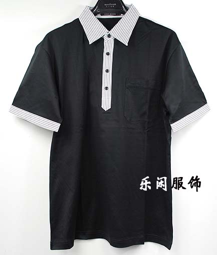 出口韩国精品男装 时尚针织纯棉翻领短袖T恤 黑色条纹领9B06 特价