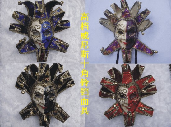 新款万圣节舞会高档威尼斯仿古手工彩绘10角小丑带铃铛阴阳脸面具