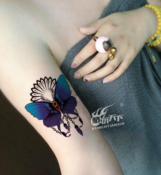 酷玩天下纹身贴 蓝色蝴蝶 疤痕贴 手臂 腿部防水 女 纹身贴纸