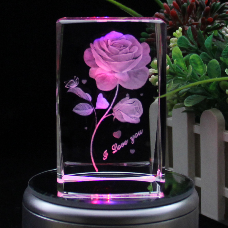 创意3D内雕水晶玫瑰花刻字摆件情人生日礼物送女朋友音乐盒小夜灯