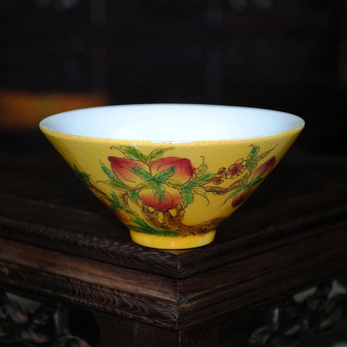 景德镇陶瓷器手工艺装饰碗手绘寿桃仿古瓷珐琅彩茶碗居家摆件把玩