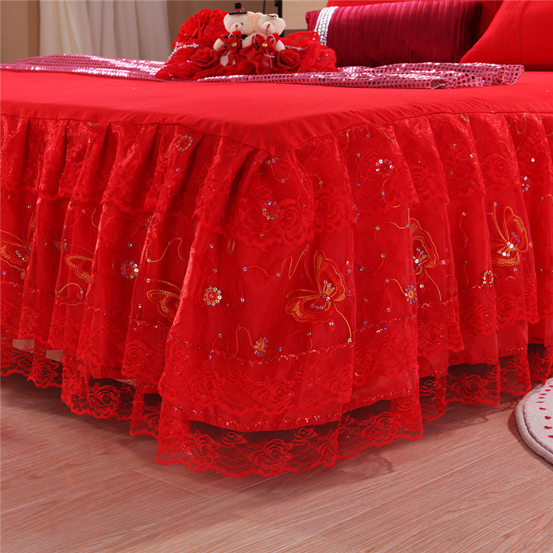 韩版公主大红色婚庆蕾丝床裙席梦思床垫防尘床罩结婚用床套床裙罩