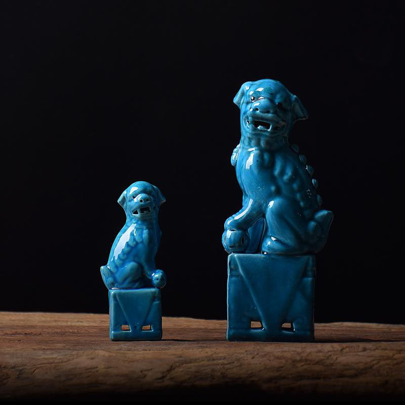 厂家直销景德镇陶瓷器蓝公母一对狮子现代家居工艺品客厅镇宅摆件