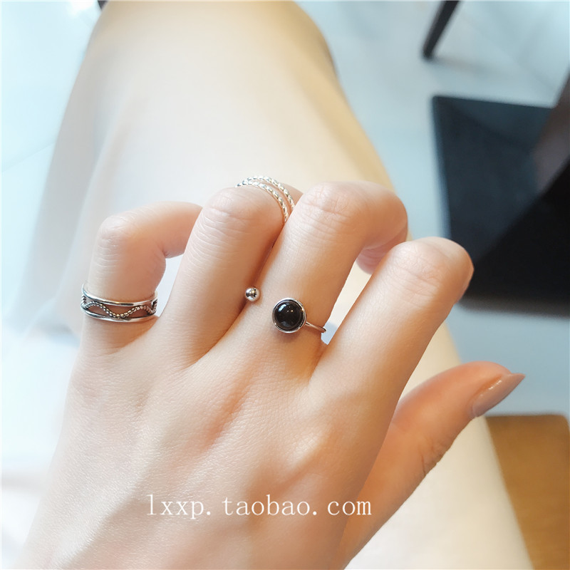 日韩版925纯银时尚个性黑玛瑙冷淡风几何圆形开口戒指环女新饰品
