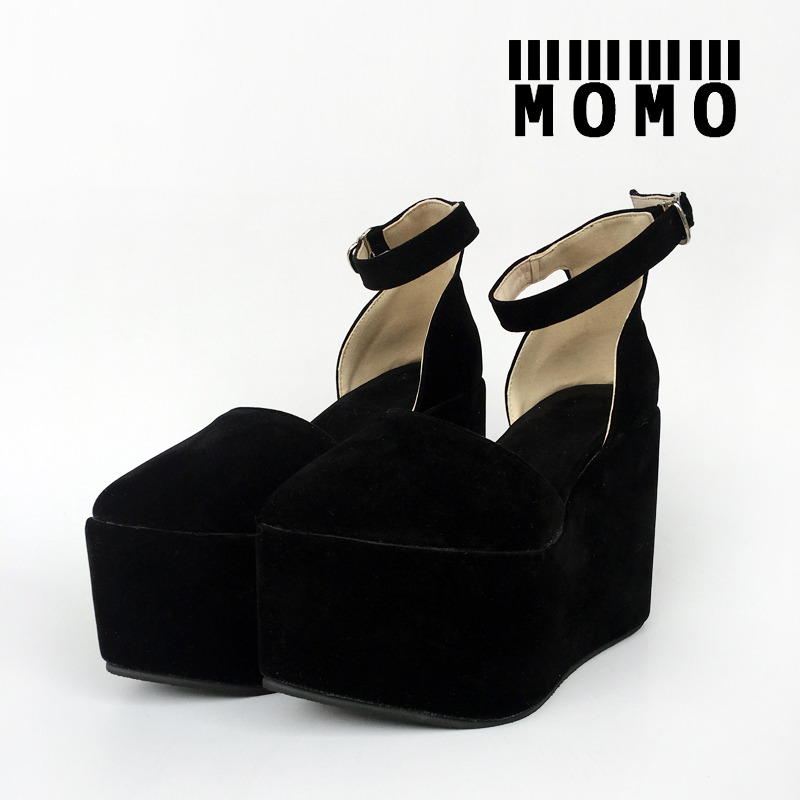 MOMO手工定制2017新款黑色西施绒女鞋尖头坡跟鞋女春秋中空单鞋女