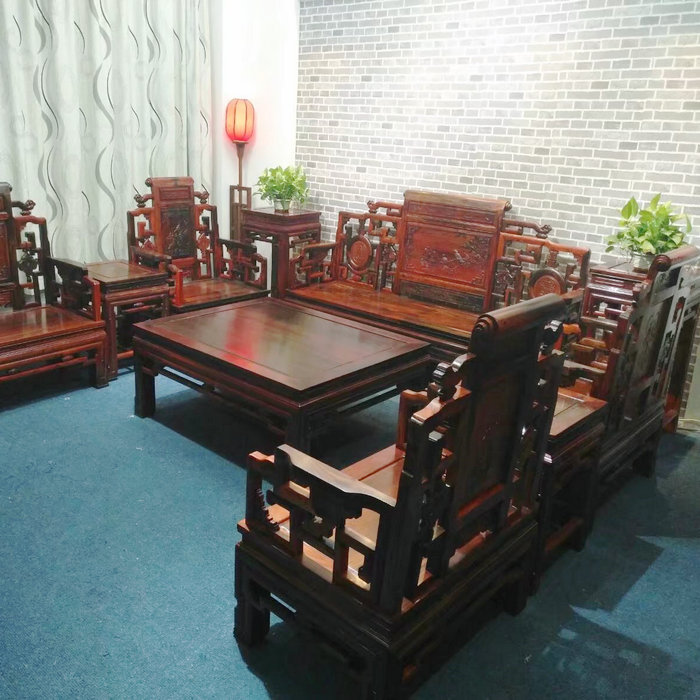 老挝大红酸枝10件套沙发交趾黄檀木远山红木家具定制中式古典家具