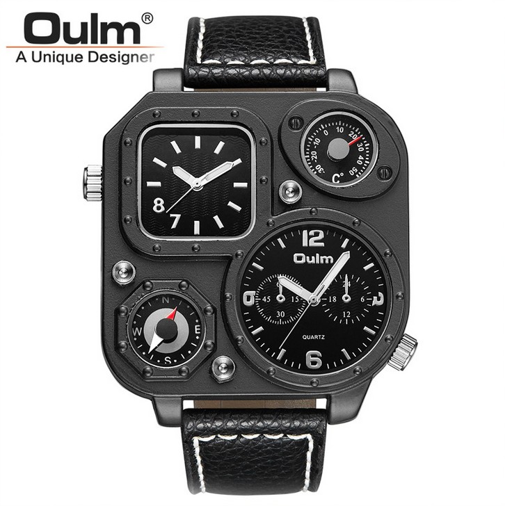 Oulm欧镭男士概念皮带手表多功能创意户外运动温度计指南针石英表