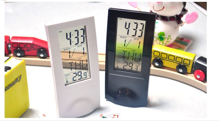 创意电池床头透明时尚LED钟带温度计时钟闹钟现代时钟简约电子钟