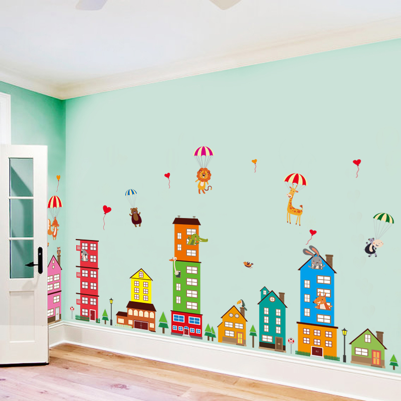 热销包邮大型儿童房卡通城堡装饰墙纸幼儿园教室城市楼房墙贴新品