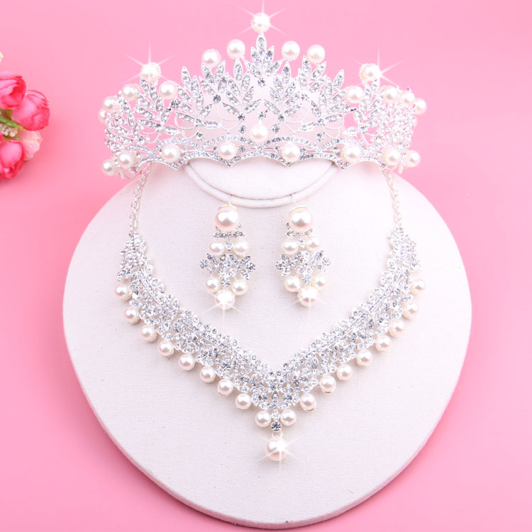 新款新娘项链 珍珠项链结婚饰品 韩式新娘皇冠项链耳环三件套包邮