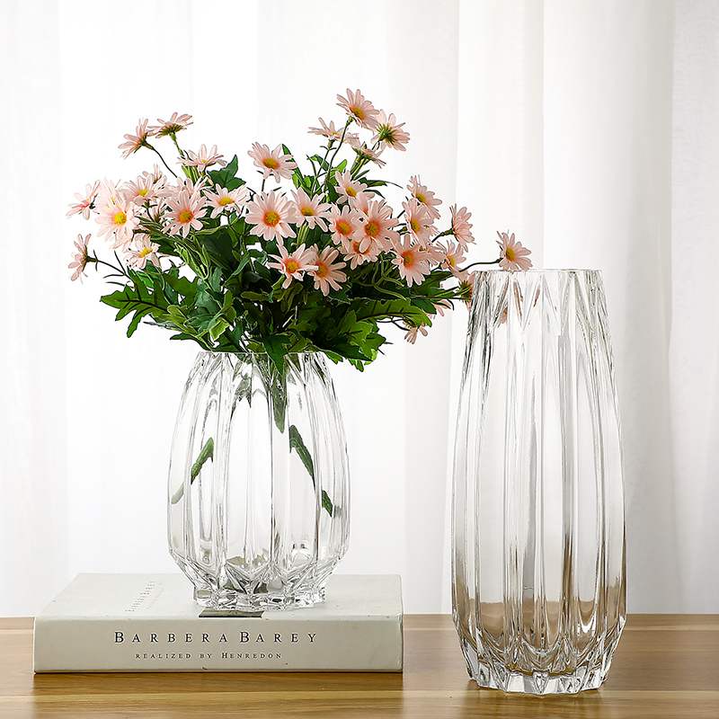 简约几何竖棱玻璃花瓶透明 水培花器 现代插花瓶家居客厅工艺摆设