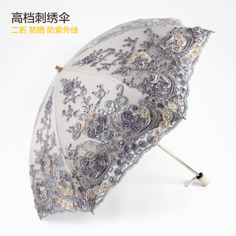 夏季防晒防紫外线黑胶遮阳伞蕾丝刺绣太阳伞二折公主伞晴雨伞两用