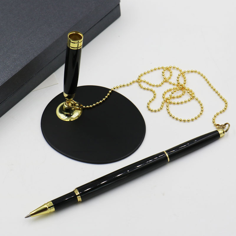 台笔固定签字笔高端金属重手感水笔柜台笔带绳中性台笔碳素粘桌笔