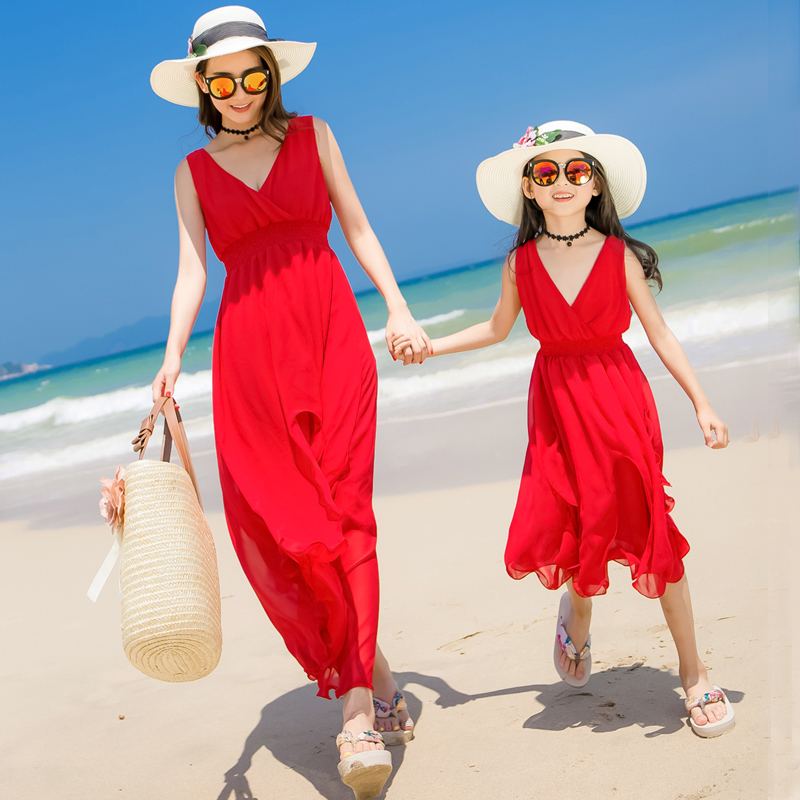 悦海悦贝亲子装2023夏季母女装海边出游度假沙滩裙连衣裙红色长裙