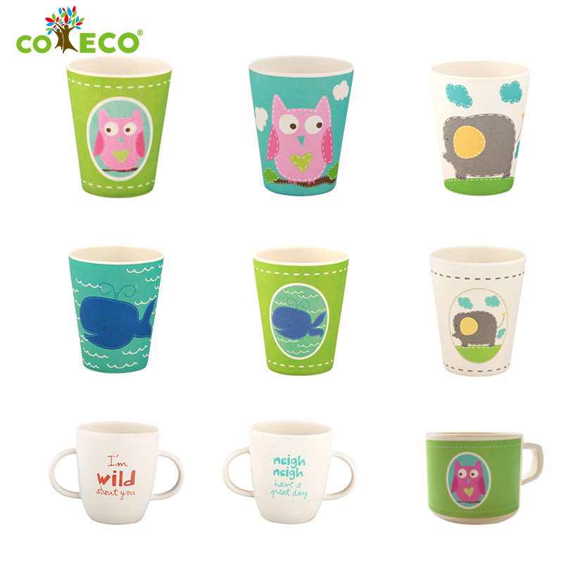 coeco/可爱客 环保非塑料竹纤维儿童水杯密封带盖卡通牛奶果汁杯