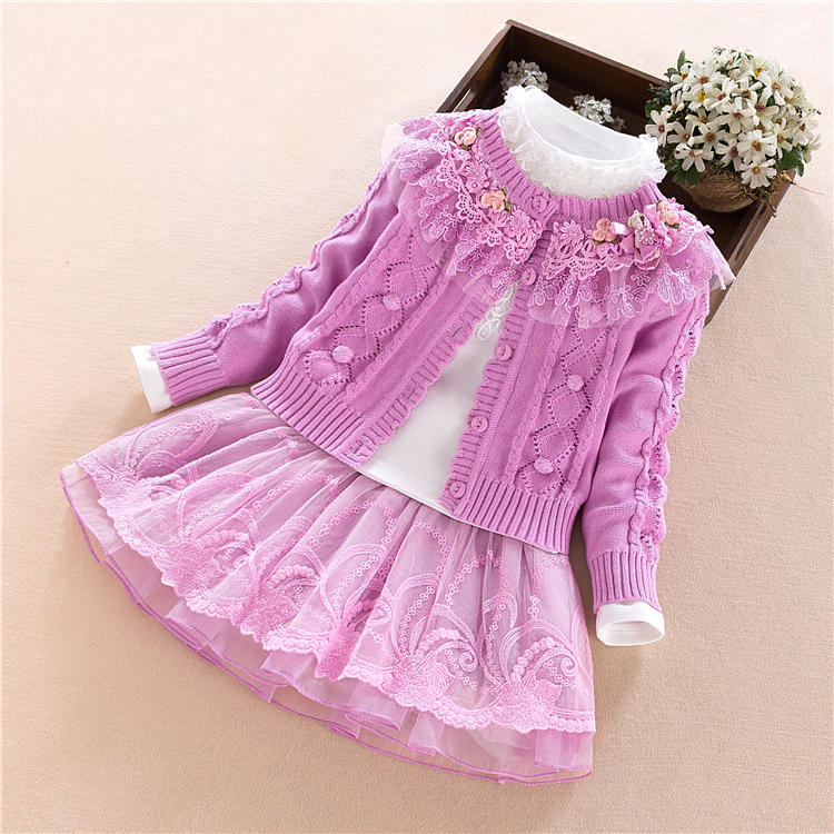 女童秋装套装新款韩版时髦儿童洋气裙子三件套毛衣开衫公主套裙潮