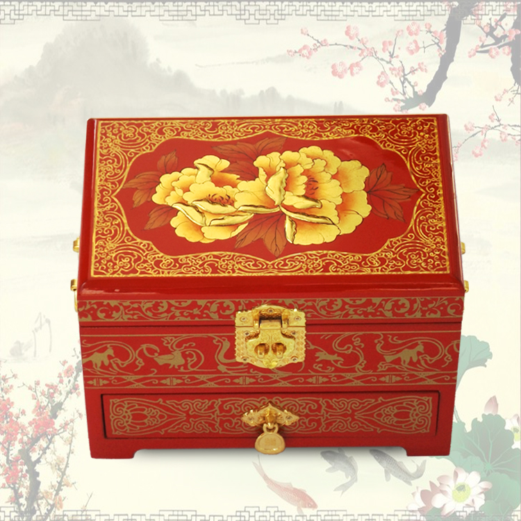 新款首饰珠宝箱复古平遥2014新款漆器首饰盒木质梳妆盒结婚红色陪