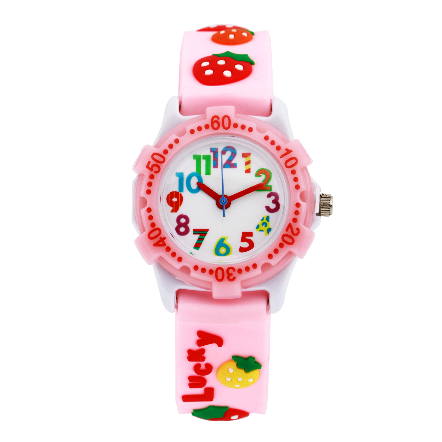 可爱粉色3D草莓女孩学生手表童话图案日本机芯防水儿童指针式手表