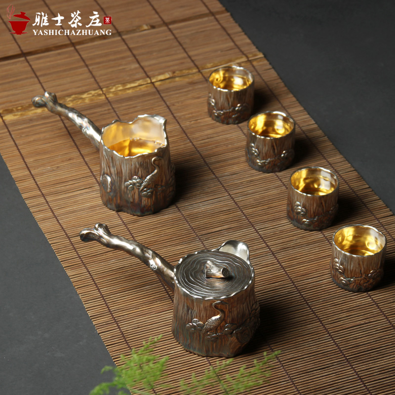 雅士茶庄 松鹤七彩鎏银茶具套装 日式側把壶 一壺四杯礼品泡茶器